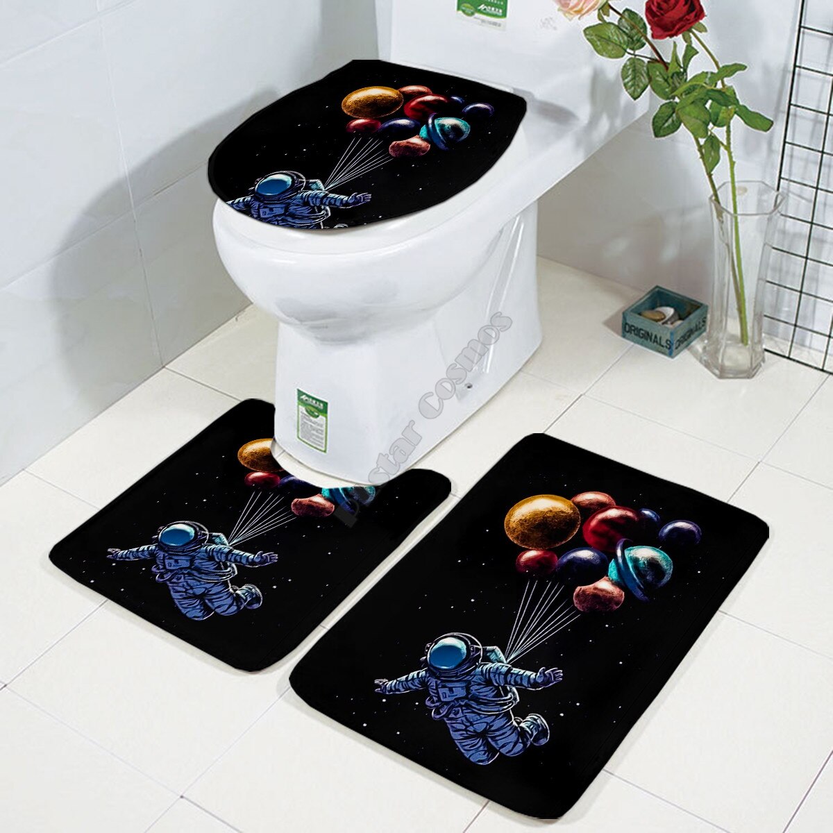 Galaxy astronaut Three-piece set 3D printed Bathroom Pedestal Rug Lid Toilet Cover Bath Mat Set 03: 2