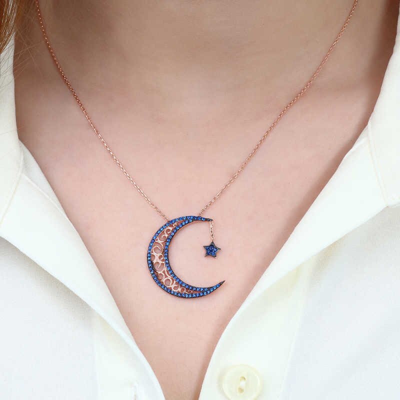 KUTAYDAN 925 Sterling Silber Mond Sterne Frauen Halskette