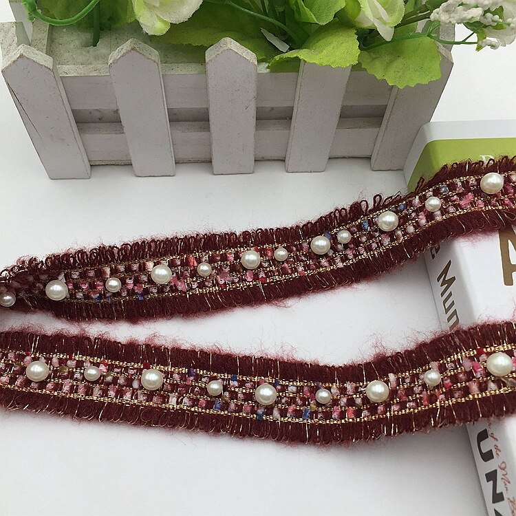 Sangle en Mohair de style effiloché et parfumé, 3CM, 10yards, avec perles de fil métallique, pour jeux, chapeaux, épingles Accessoires de couture: Wine with beads