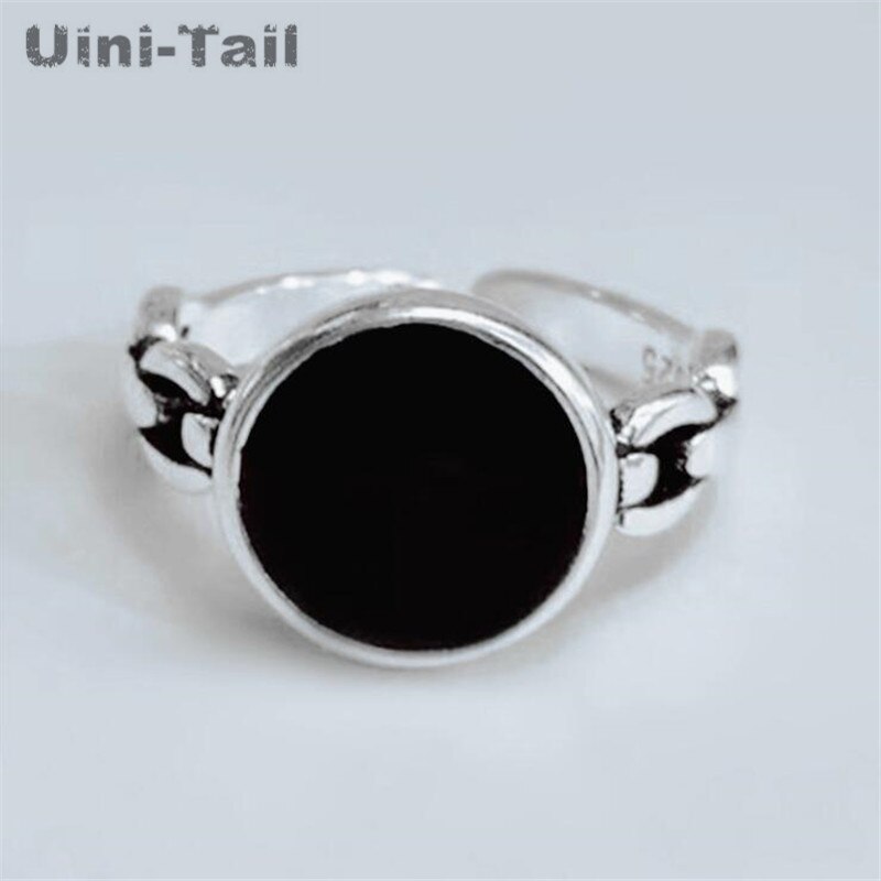 Uini-Tail 925 Plata Simple negro redondo abierto anillo personalidad tendencia Retro alta joyería de ED673