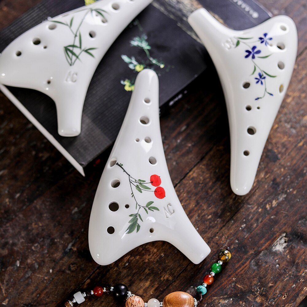 12 Holes Round Head Ceramic Ocarina Alto C Hand Painted Musical Instrument with Lanyard Music Score Protective Bag