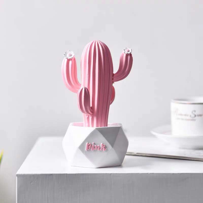 Nordic Simulation Cactus Ornaments Resin Cactus Statue Potted Decoration Crafts Figuine Office Desktop Home Decor: Pink cactus 2 L