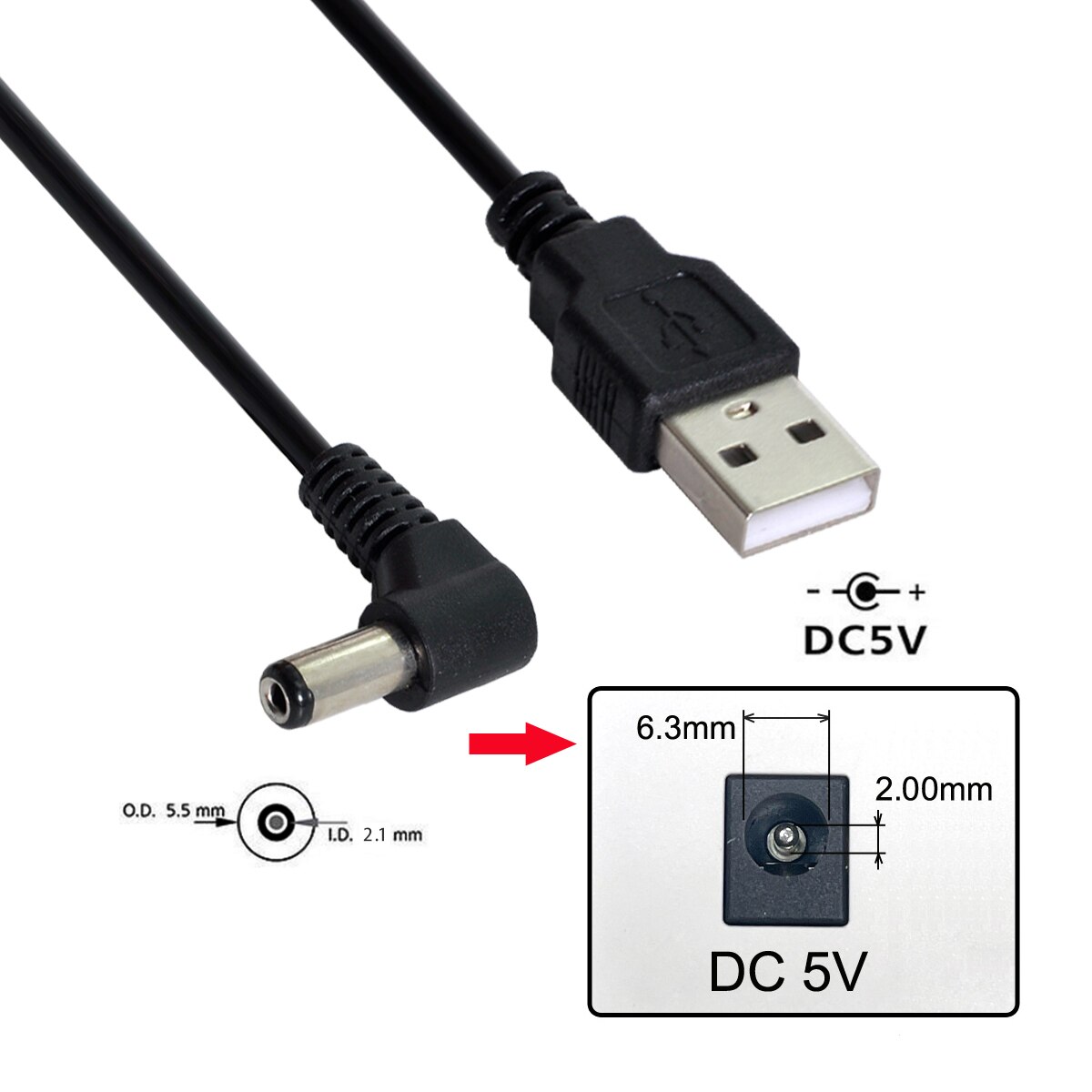 Cablecc 100cm USB 2,0 Typ A Stecker auf Rechts Abgewinkelt 90 Grad 5,5x2,1mm DC 5V Energie Stecker Fass Verbinder Aufladen Kabel