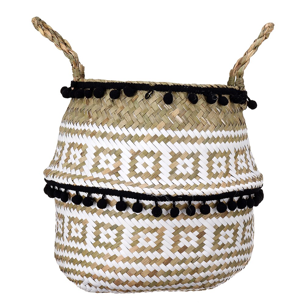 Cesta de almacenamiento tejida para algas, Cestas colgantes de mimbre para plantas, florero de jardín, maceta plegable con asa y bola pequeña: Black Ball / M 27x24cm
