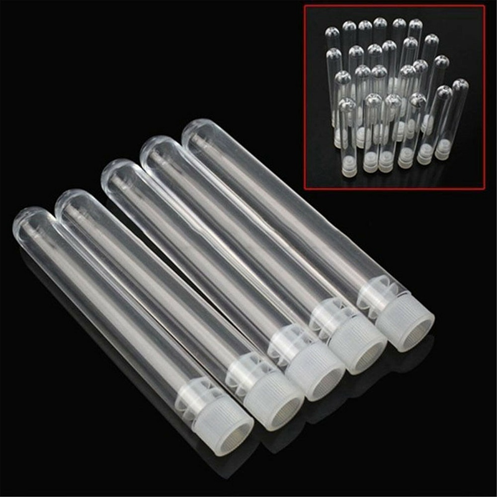 50pcs Clear Plastic Test Tube Transparent Round Bottom Tube Vial with Cap Home Storage Bottle 12x100/15x100mm