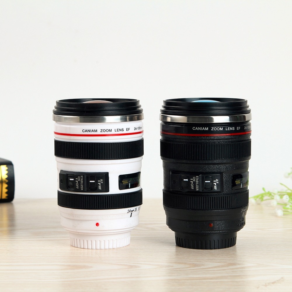 Lentille de caméra forme tasse café thé tasse de voyage en acier inoxydable flacons sous vide
