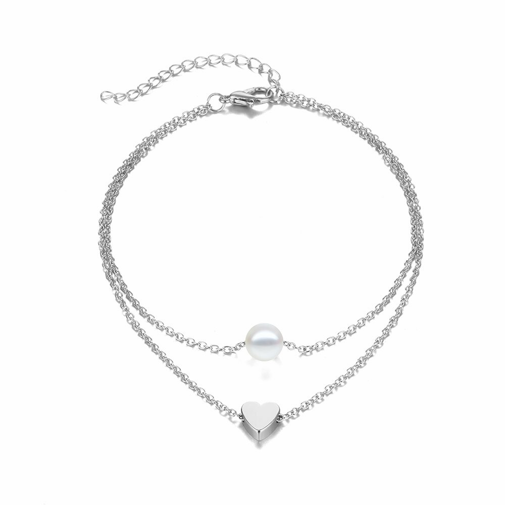 Für Frauen Einfache Herz Weibliche Fußkettchen Sommer Strand Barfuß Sandalen Fuß Schmuck Perle Layered Bein Kette Ankle Braclets: Pearl Silver