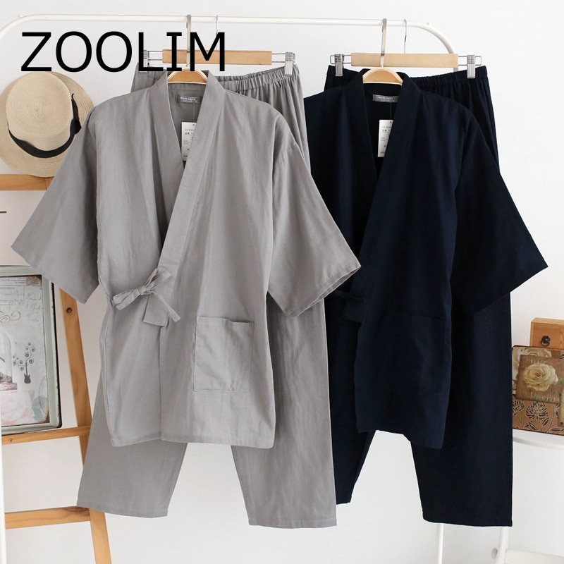 Zoolim efterår mandlige pyjamas sæt 100%  bomuld kimono nattøj japansk stil pyjamas mænd blødt hjemmetøj 2 stk.