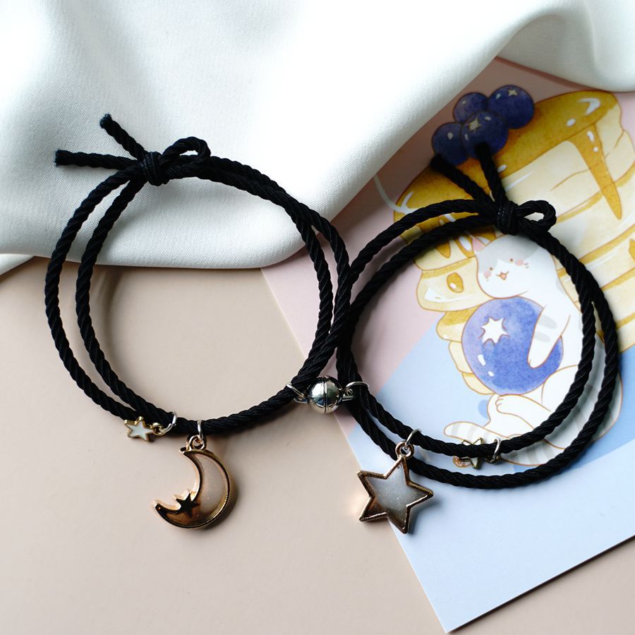 2 pçs estrela lua magnética casal pulseira conjunto para homens mulheres na moda artesanal corda corrente amizade pulseira ajustável jóias