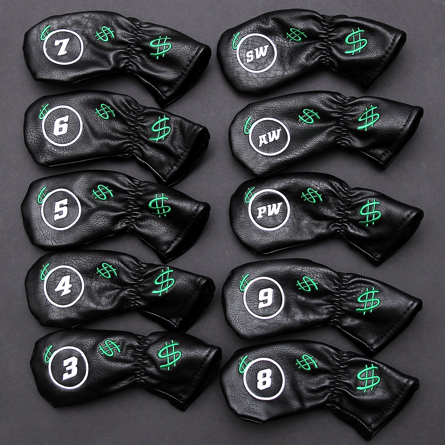 10 stuks/set golfijzerhoezen van pu-leer, amerikaanse dollar, golfkophoes voor ijzeren clubs