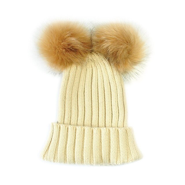 Baby børn voksne vinter varm beanie dobbelt pels pom bobble strikket hat cap: Beige