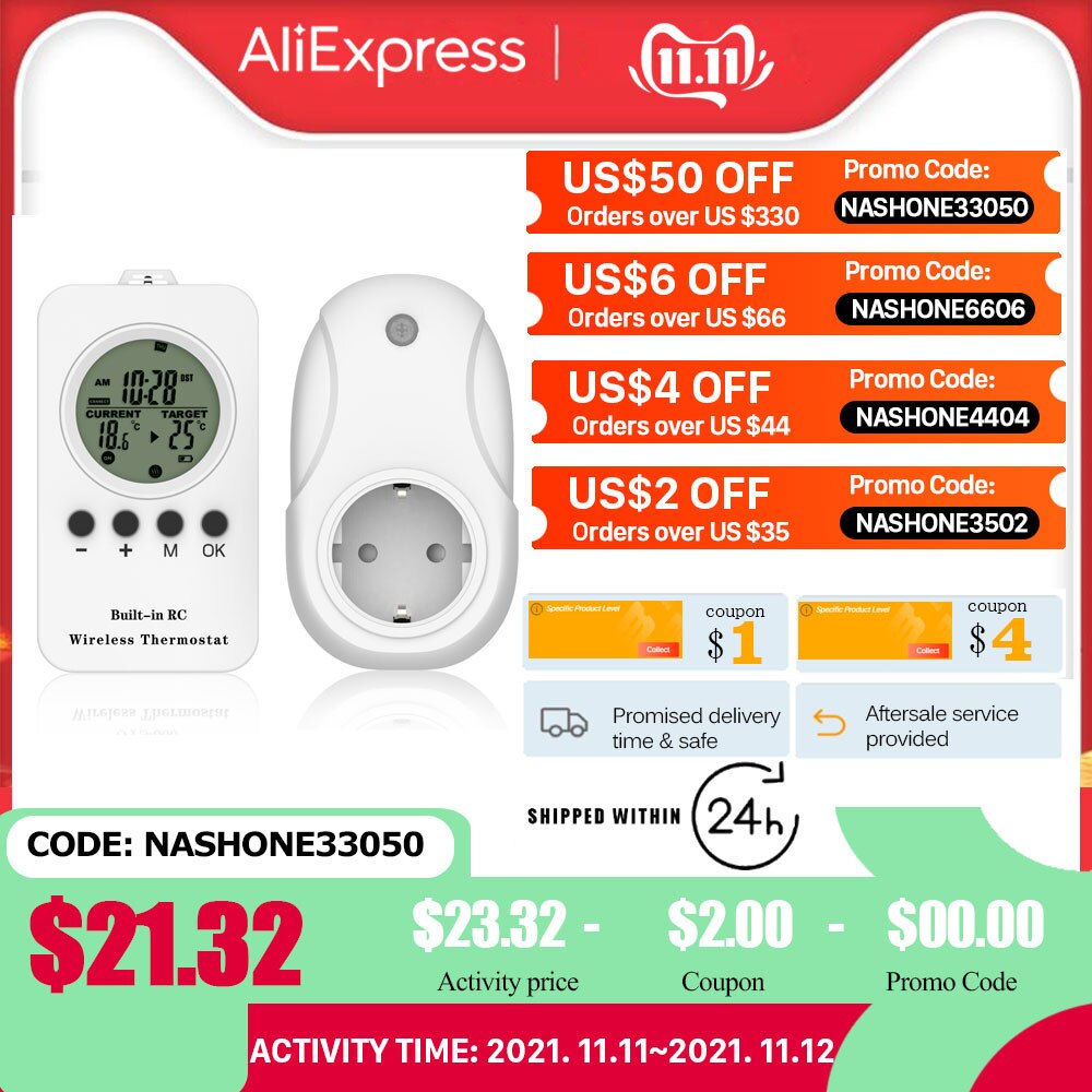 Nashone – Thermostat 220v, minuterie de prise de chauffage, télécommande sans fil LCD, refroidissement de chauffage réglable