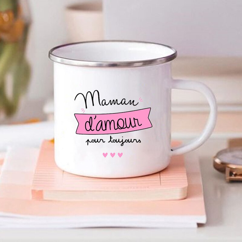 Tasses à café imprimées à fleurs françaises pour Maman, tasse créative pour boissons, eau et lait, en émail, poignée de maison, articles pour boissons, meilleurs pour mères: XH3891-A015WH-8