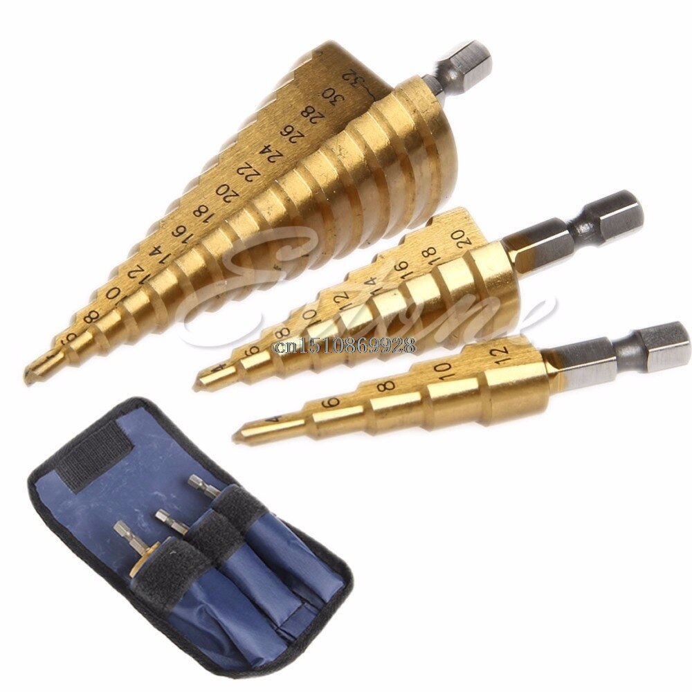 3Pcs Drill Bit Set Steel Titanium Nitride Coated Step Drill Bit Quick Change 1/4" Shank