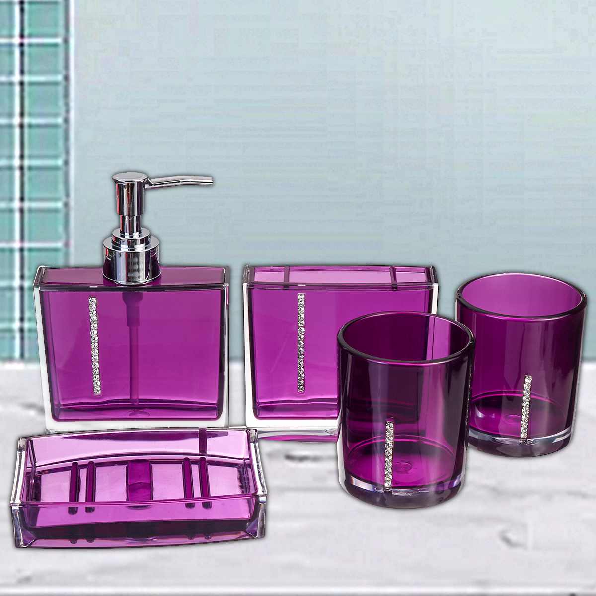 5PCS Acrylic Bathroom Accessories Set Soap Dispenser/Toothbrush Holder/Emulsion Bottle/2 Cups Purple Black Bathroom Shower Kit