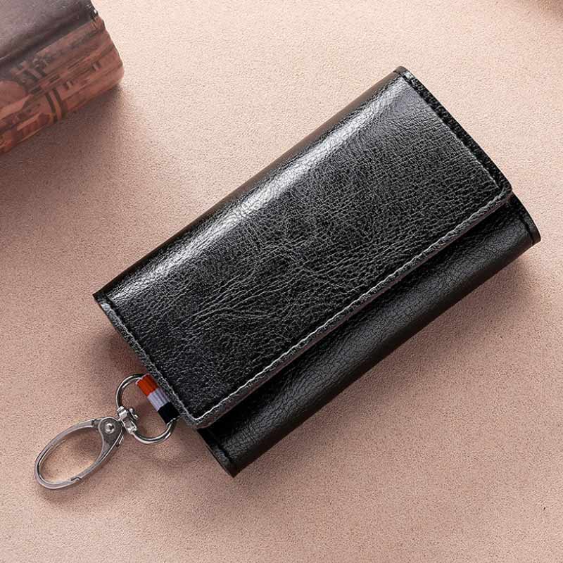 DICIHAYA PU Leather Man Women Key Wallet Short Square Retro ID Card Holder Hasp Vintage Multi-function Car Key Chain Fold Wallet: Black