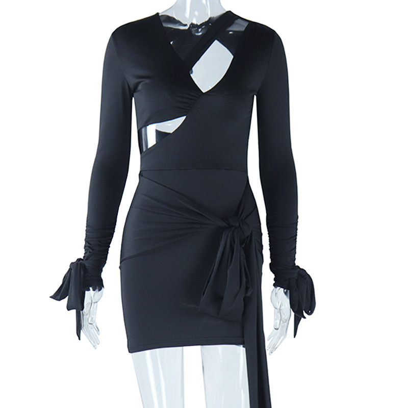 Sort/hvid bodycon-kjoler til kvinder langærmet udhulet snørebånd rygløs bandage festkjole klub vestido branco