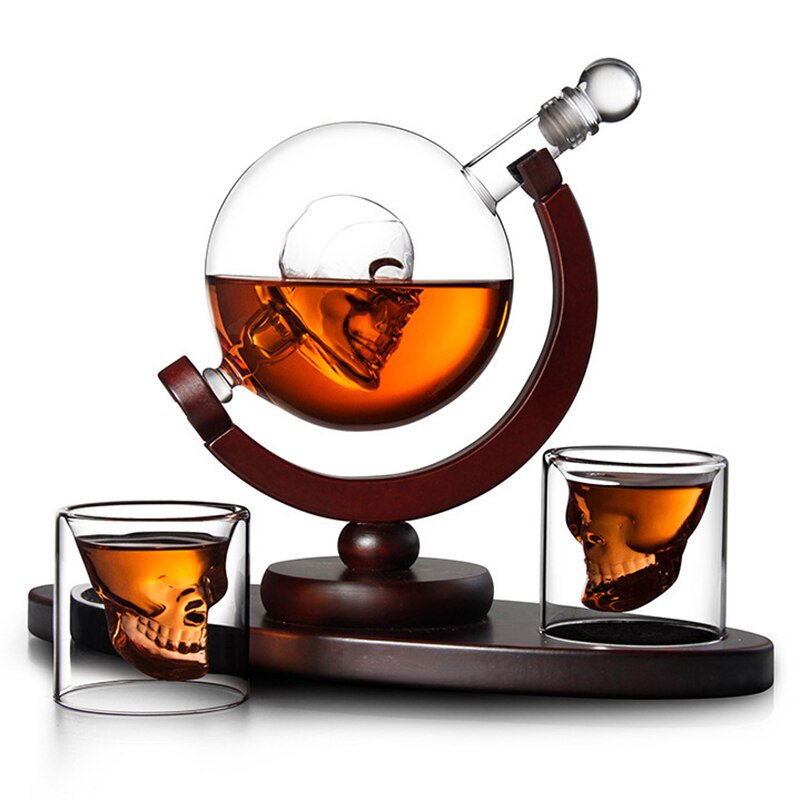 Skull Heads Decanter Set with Lead-free Carafe Exquisite Wood-stand and 2 Whisky Glasses, Whiskey Decanter Grade