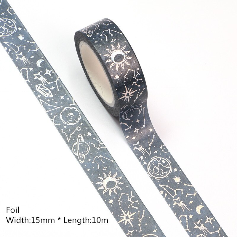 1Pc 15Mm * 10M Zilver Folie Sterrenhemel Maan Sterren Washi Tape Scrapbooking Masking Tape Kantoor lijm Kawaii Briefpapier