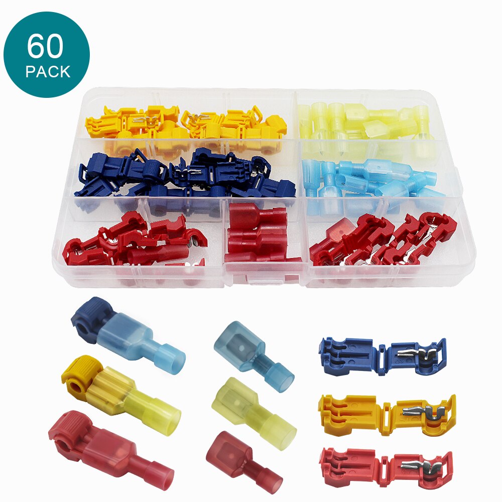240 PCS T Tap Electrical Yellow, Red Blue Electrical Connectors Quick Wire Splice Taps and Insulated Male Quick Disconnect Term: 60PCS