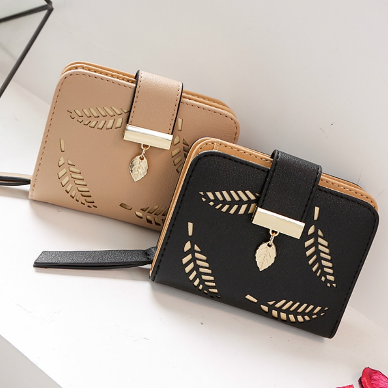 Women's Wallet Female Short Wallets Hollow Leave Pouch Handbag for Women Coin PU Leather Purses Card Holder Carteira