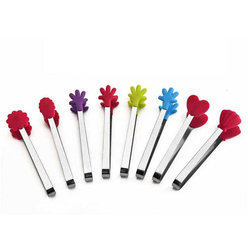 Mini pinzas de silicona con forma de flor para alimentos, accesorio antideslizante de acero inoxidable para cocina, con forma de flor, para servir comida