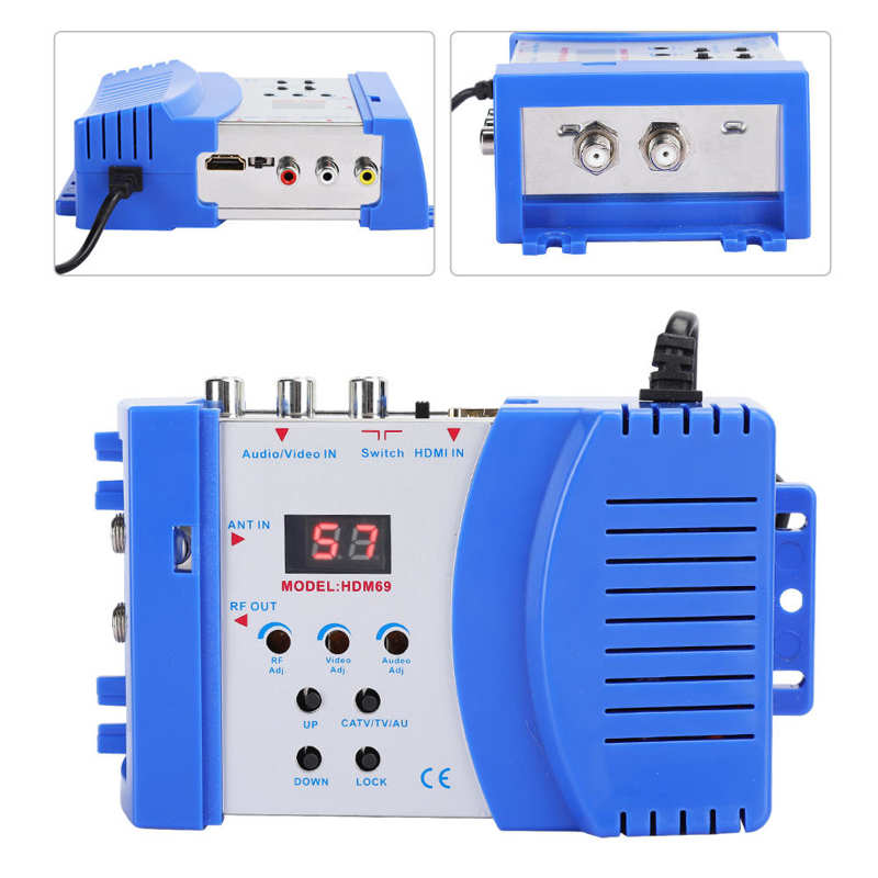 Modulador compatível com HDMI, conversor AV para RF, VHF UHF PAL, saída do formato de TV padrão, modulador portátil, plug EU, HDM69, 100-240V