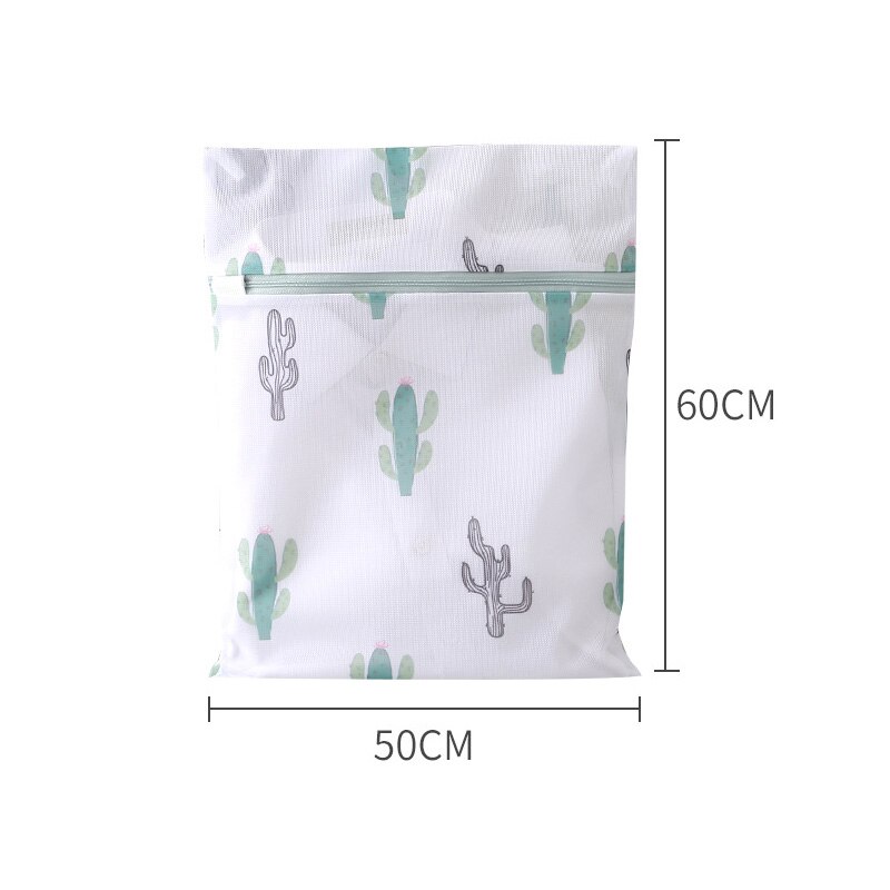 Mesh Laundry Bag Cactus Printing Zippered Polyester Washing Net Bag For Underwear Sock Washing Machine Pouches Clothes Bra Bags: L 50-60cm
