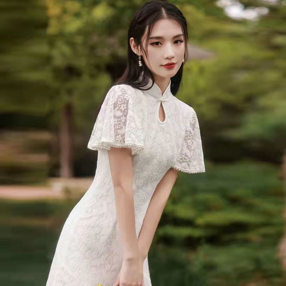 Qipao-vestido blanco de encaje con mangas abullonadas para mujer, ropa tradicional China moderna, Cheongsam Vintage mejorado para , 2022