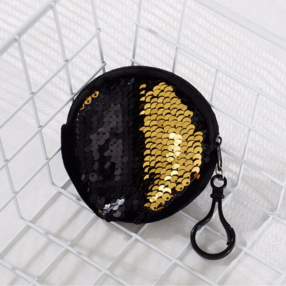 Women Kids Sequins Coin Purse Portable Round Zipper Purse Bags Pocket KeyChain Glittering Party Handbag Earphone Package: 4