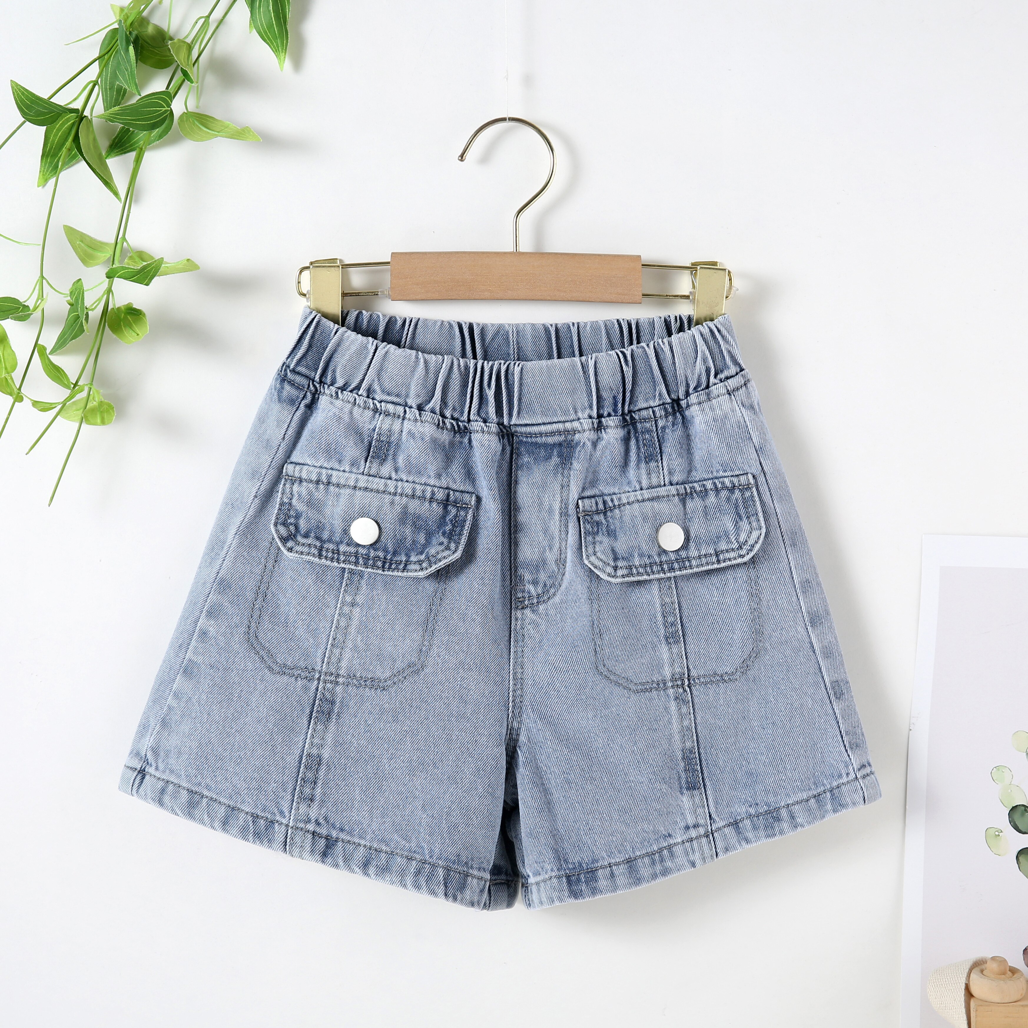 Baby Girl Loose Jeans, Summer Solid Color Shorts with Button Flap Pockets (Blue)