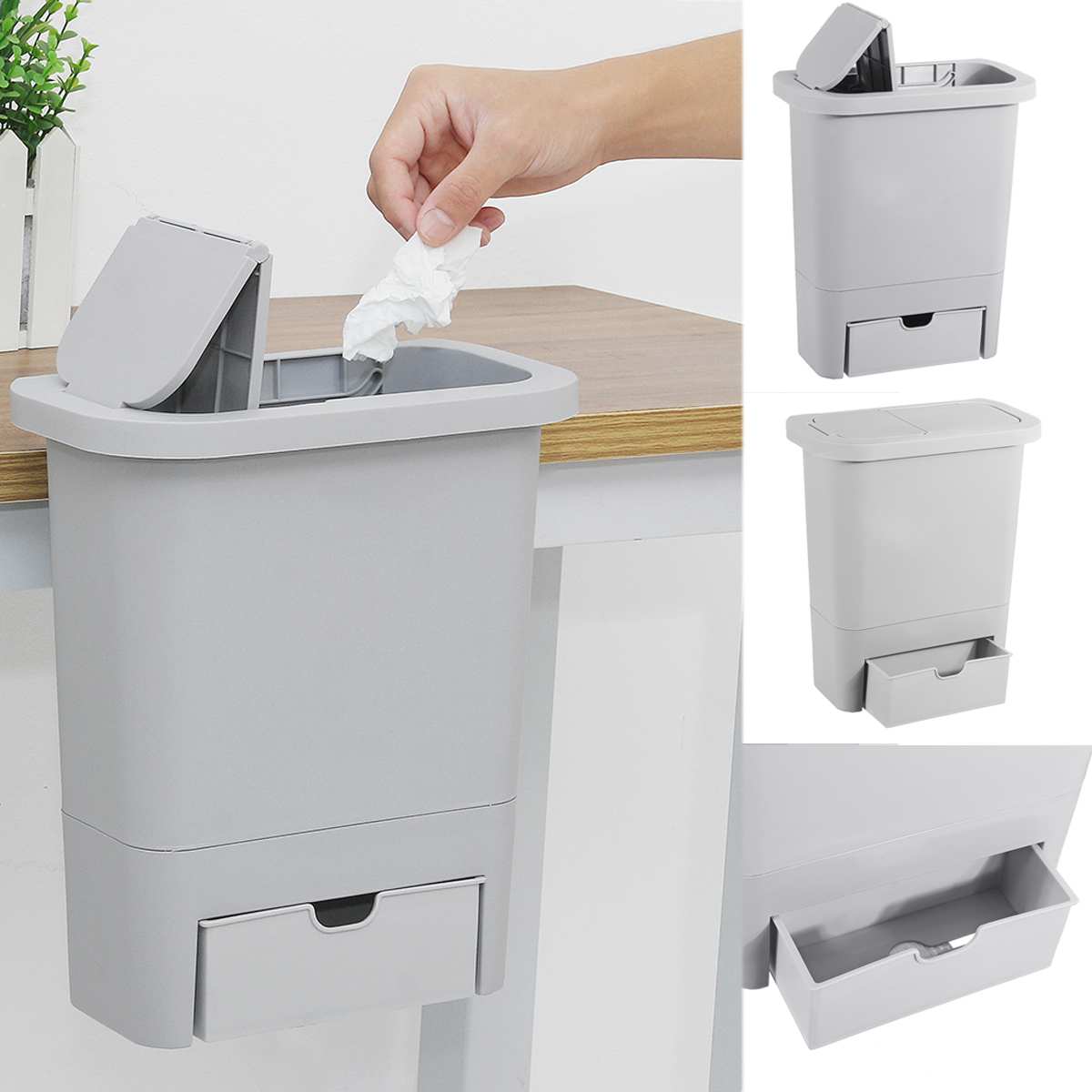 Multifunction Hanging Trash Can with Lid Kitchen Cabinet Door Wall-mounted Waste Baskets Trash Garbage Bin Can Rubbish Container