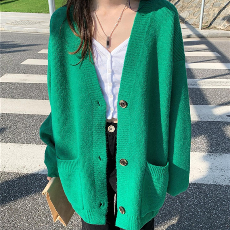 Cardigã de comprimento médio para mulheres, suéter verde com decote em v solto, cardigã de malha feminino de manga comprida, casaco midi, outono e inverno, 2023: Verde