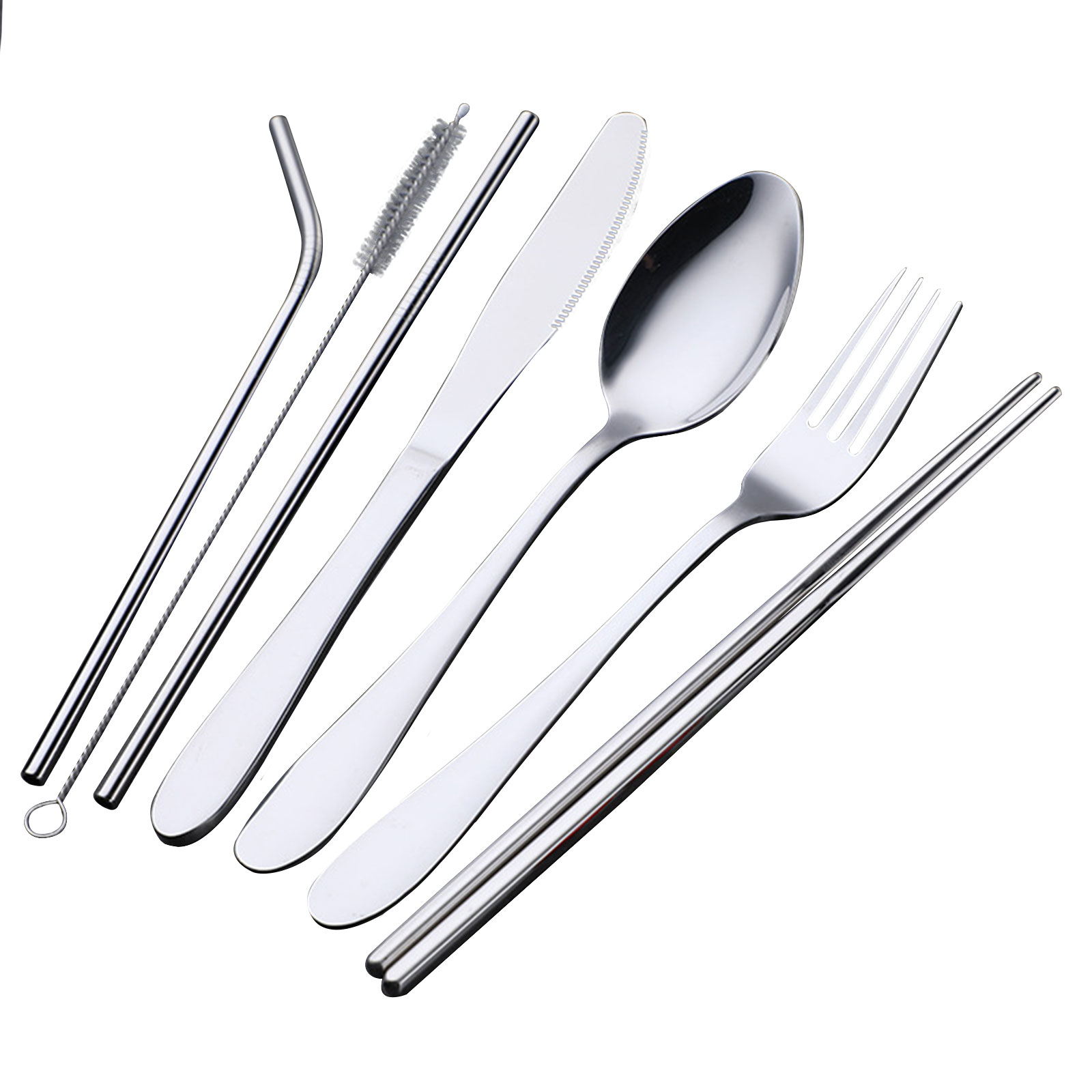 1set Tableware Reusable Travel Cutlery Set Camp Utensils Set with stainless steel Spoon Fork Chopsticks Straw Portable case: Silver