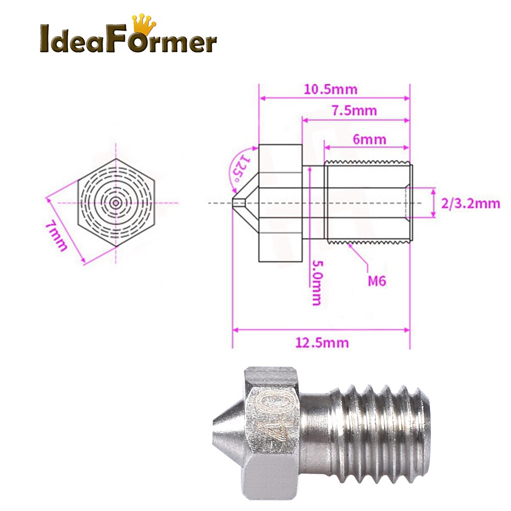 Boquilla E3D V6 de acero inoxidable, rosca M6 de 0,2/0,25/0,3/0,4/0,5/0,6/0,8mm, boquilla para impresora 3D E3D V6 Hotend, 1,0/1,75/3,00 MM