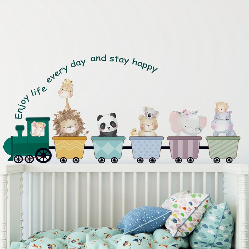 Cartoon Wall Decals Cute Animal Train DIY Vinyl Wall Stickers Removable Wallpaper for Kids Room Bedroom Nursery