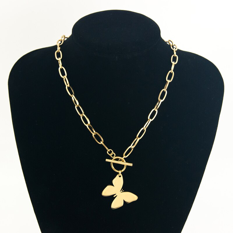 Stainless steel Jewelry WOMEN NECKLACE Butterfly Pendant Short CHOKER GOLD COLOR Toggle PENDANT NECKLACE collares Collier