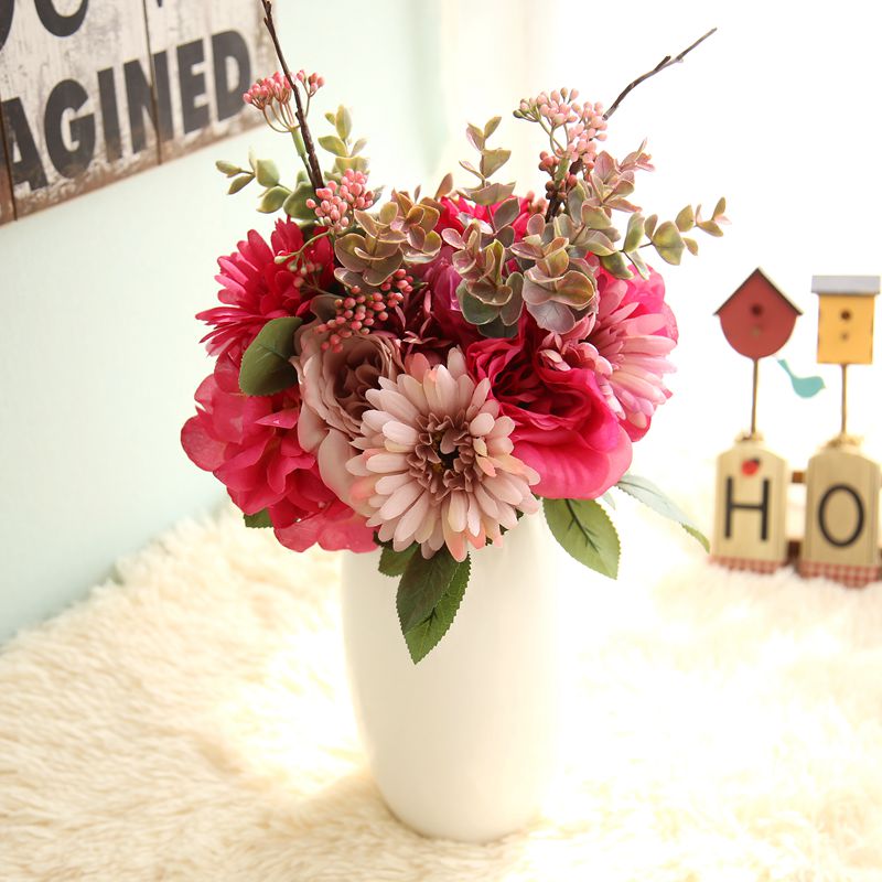 Yo cho bryllupsbukett brudepike gerbera rosebuketter kunstig hortensia silkeblomster gjør-det-selv-bryllupsutstyr hjemmekontorinnredning: Rosenrød