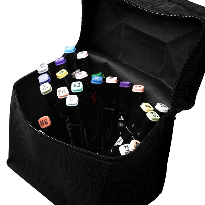 Hålla 36/48/60/80 st markörpennväska stor kapacitet svart vik konst markörer blixtlås canvas förvaring pennfodral pennask