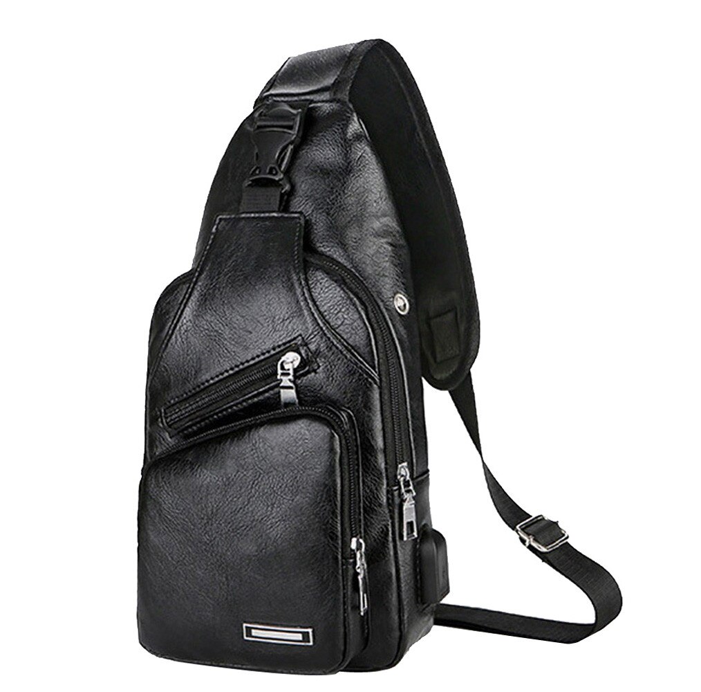 Bolso de negocios de cuero para hombre, Mochila deportiva informal con carga USB, tipo bandolera bolso de hombro,: Black