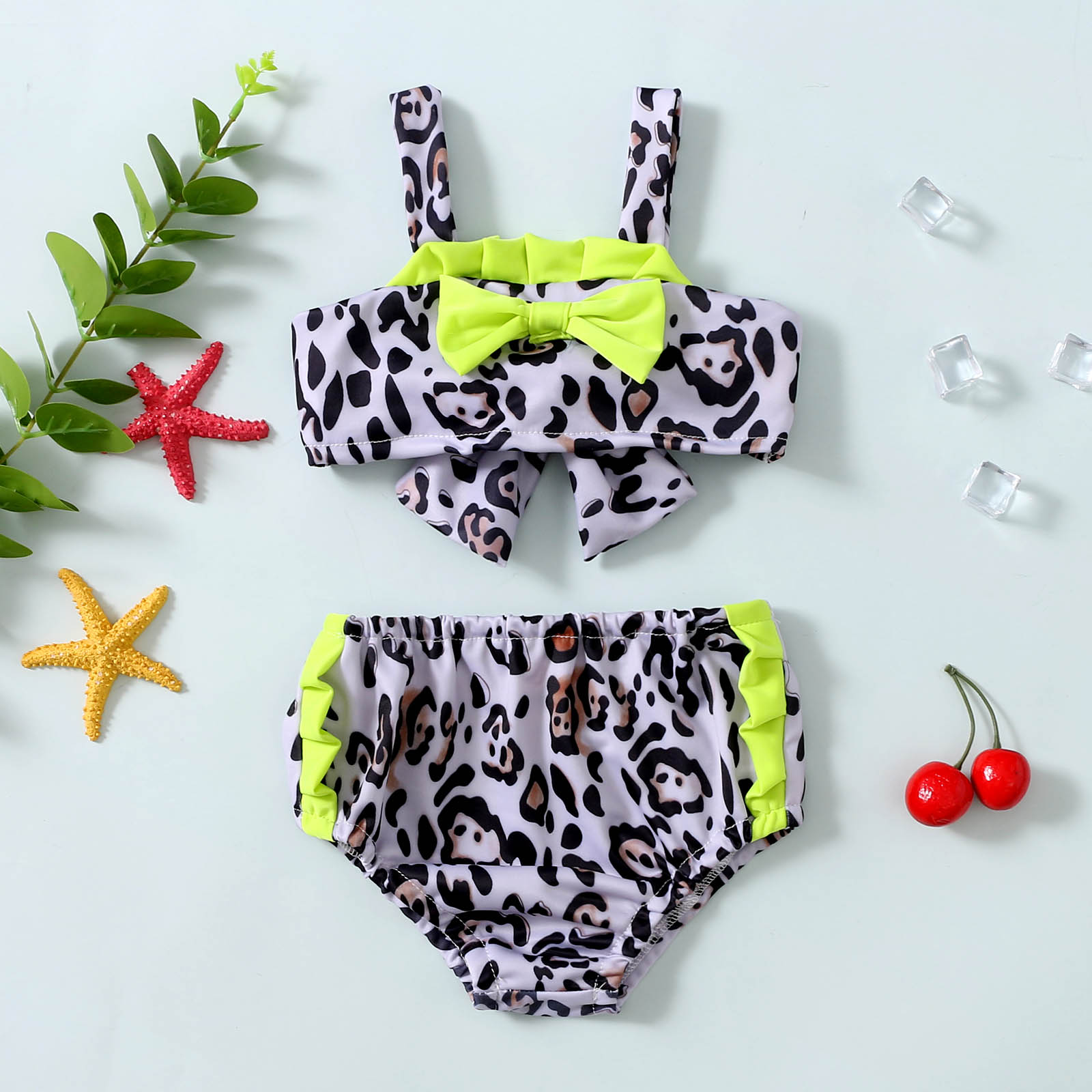 Kids Girl Two-Piece Swimwear Leopard Print Bowknot Bikini Tops+Elastic Waist Bathing Shorts Children Girl Bikinis Set 1-5Years