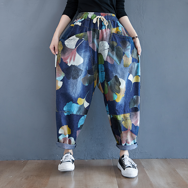 Print Ginkgo leaves Street Casual Jeans Korea Style Washed Denim Jeans Harem Pants Women Autumn Spring Cowboy Jeans: L