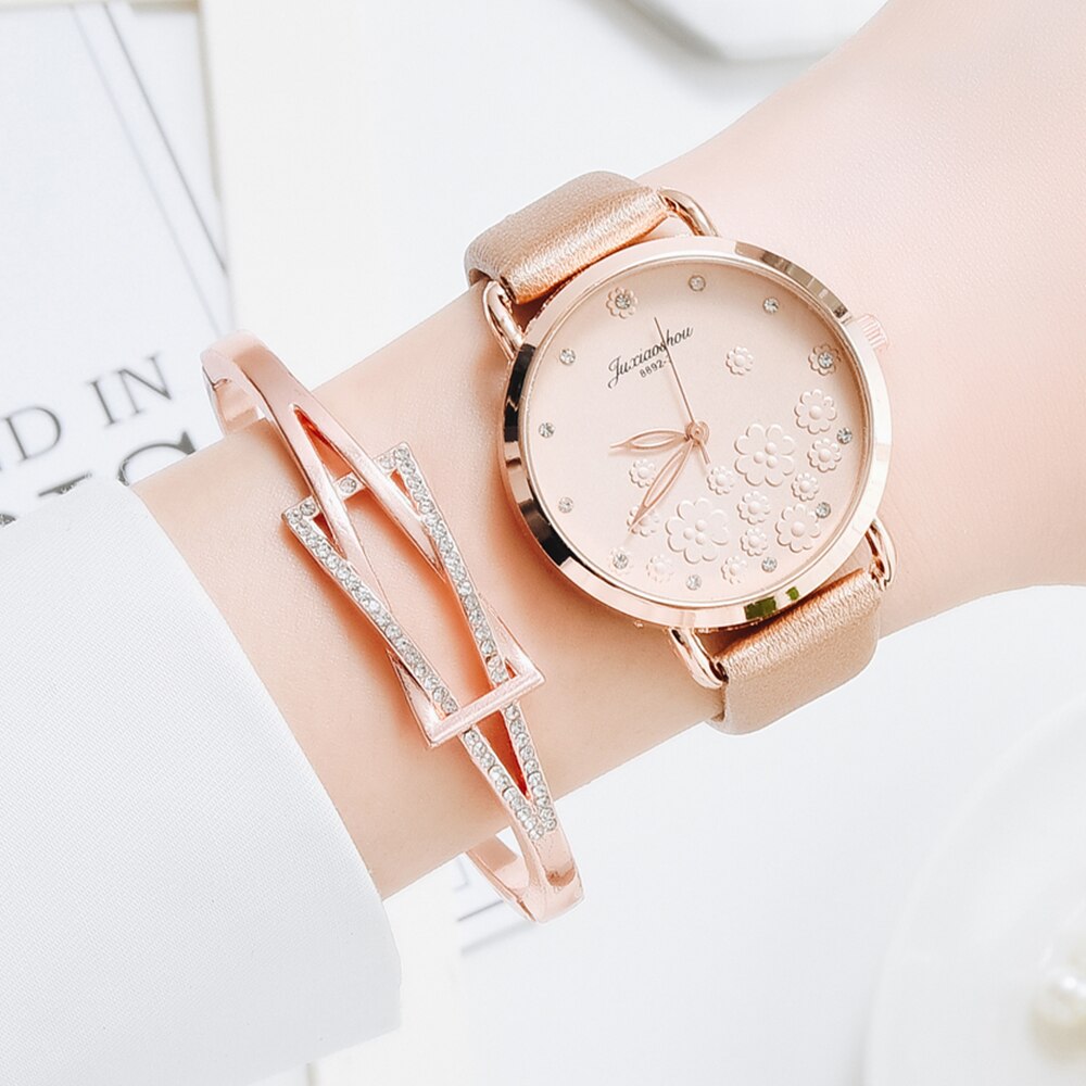 Frauen Diamant Uhr Blumen Runden Zifferblatt Armbinde Uhren einstellen Damen Leder Band Quarz Armbanduhr Weibliche Uhr Zegarek Damski