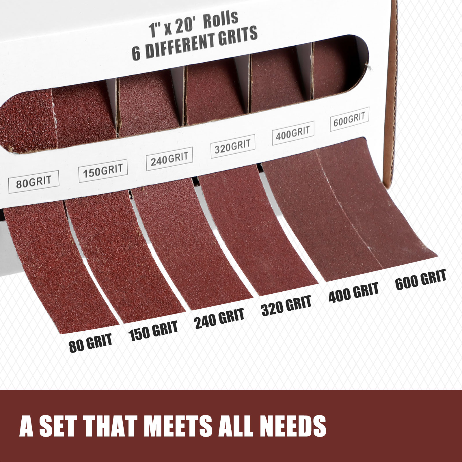 5/6 ruller lange slipepapirruller i eske med aluminiumoksid slipebånd, trekkbart slipepapir, 80/150/240/320/400/600 korn