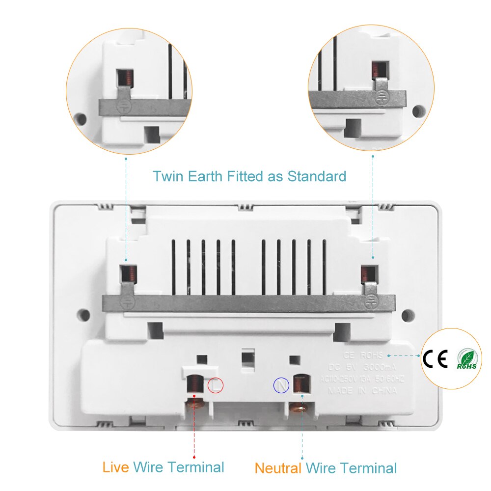 Dubbele Muur 2 Gang USB Socket met 3 USB Fast Charger Poorten Plug Schakelaar Plaat 13A 250V UK