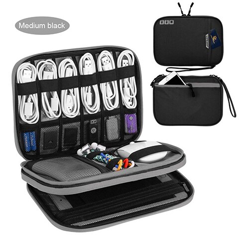 Bærbart elektronisk tilbehør rejsetaske, kabelorganisator taske gadget bærepose til ipad, kabler, strøm, usb-flashdrev, oplader: Sort medium