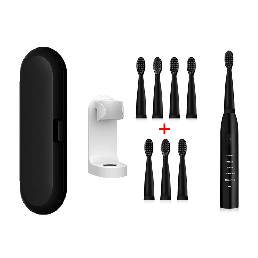Ultra Schall- Schall- Elektrische Zahnbürste Wiederaufladbare Zahn Pinsel Waschbar Elektronische Bleichen Zähne Pinsel Erwachsene Timer Zahnbürste: Schwarz 8 Kopf einstellen