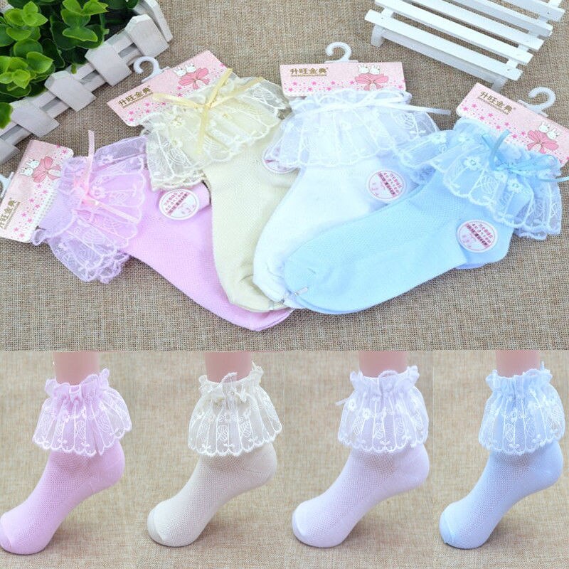 Cute Princess Girl Toddler Kids Baby Vintage Lace Bow Ruffle Frilly Ankle Socks