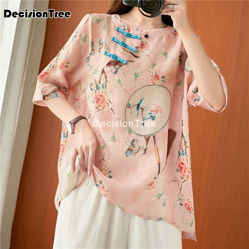 Tops hanfu top, camisa china de estilo chino, ropa tradicional china para mujer, cuello en v, tops tradicionales chinos holgados 2022