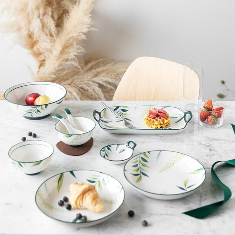 Hand-painted Underglaze Color Green Ceramic Plants Plate Set Ceramic Tableware Food Dishes Rice Salad Noodles Soup Bowl